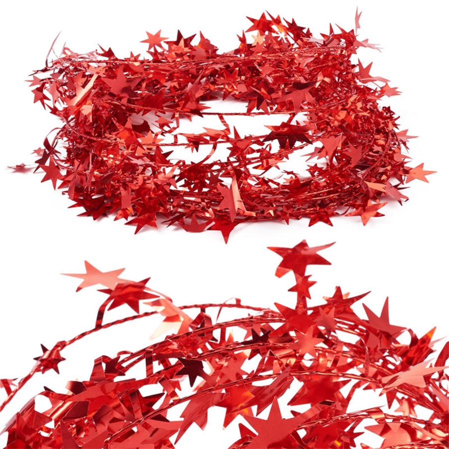 Catzon 2Pcs 24FT Star Tinsel Garlands for Holiday Wall Xmas Tree Decor-Red