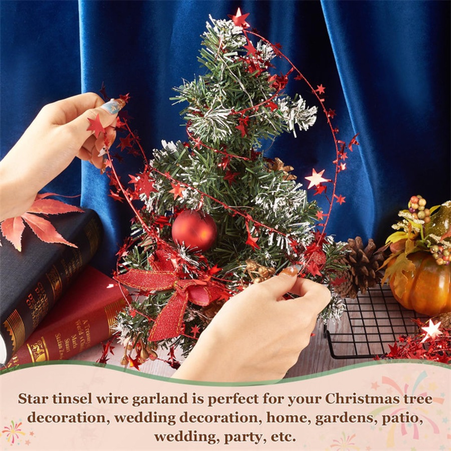 Catzon 2Pcs 24FT Star Tinsel Garlands for Holiday Wall Xmas Tree Decor-Red
