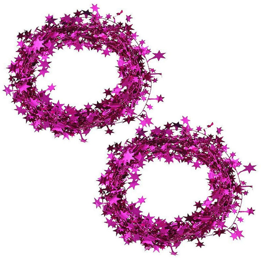 Catzon 2Pcs 24FT Star Tinsel Garlands for Holiday Wall Xmas Tree Decor-RosyRed