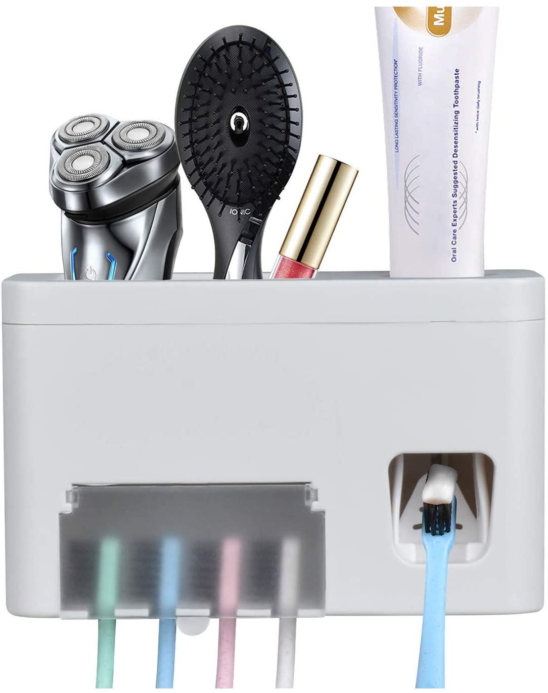 Catzon 3-in-1 Wall Mounted Toothpaste Dispenser + Toothbrush Holder + Toothpaste Squeezer with Storage Grids Set in Bathroom