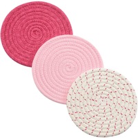 Catzon 3 Pcs Potholders Colorful Cotton Thread Weave Stylish Coasters Heat Insulation Table Mat by Diameter 18CM-Pink