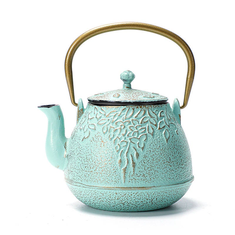 Catzon 32 Ounce Tea Kettle Cast Iron Teapot with Stainless Steel Infuser Leaf Design Teapot Coated Light Green