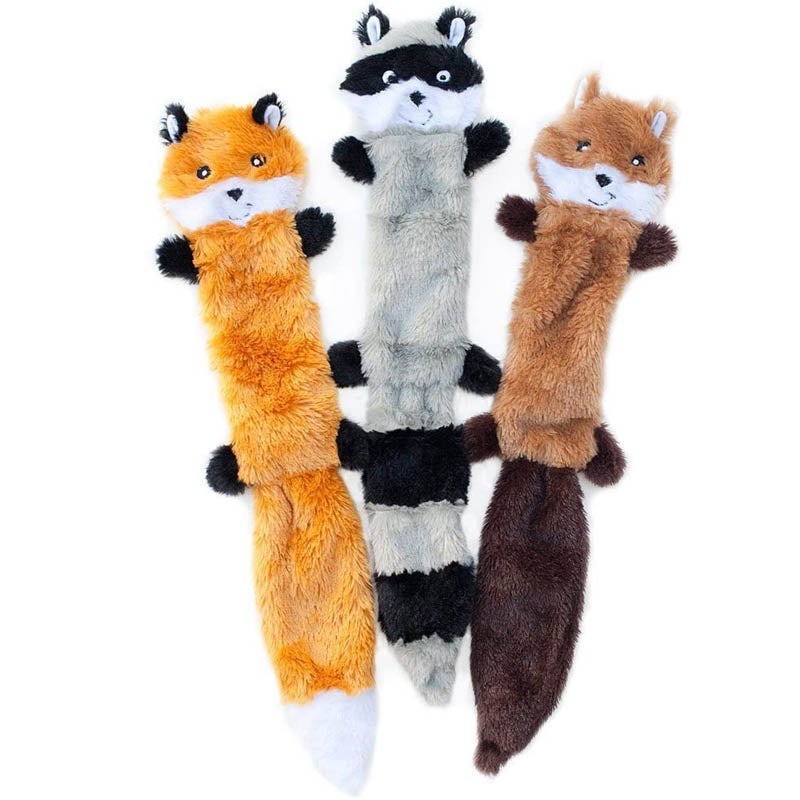 Catzon 3Pcs No Stuffing Squeak Plush Dog Toy Fox Raccoon Squirrel