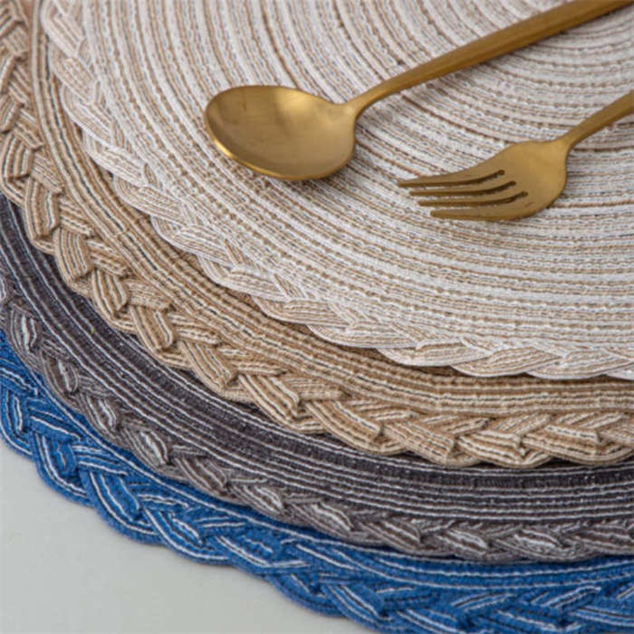 Catzon 4 Pack Round Braided Laciness Placemats 38CM Washable Kitchen Table Mats for Home Wedding Party-White