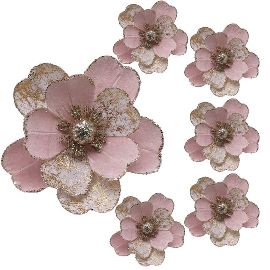 Catzon 6 Pcs Artificial Christmas Flower with Sparkling for Christmas Tree Decor-Pink