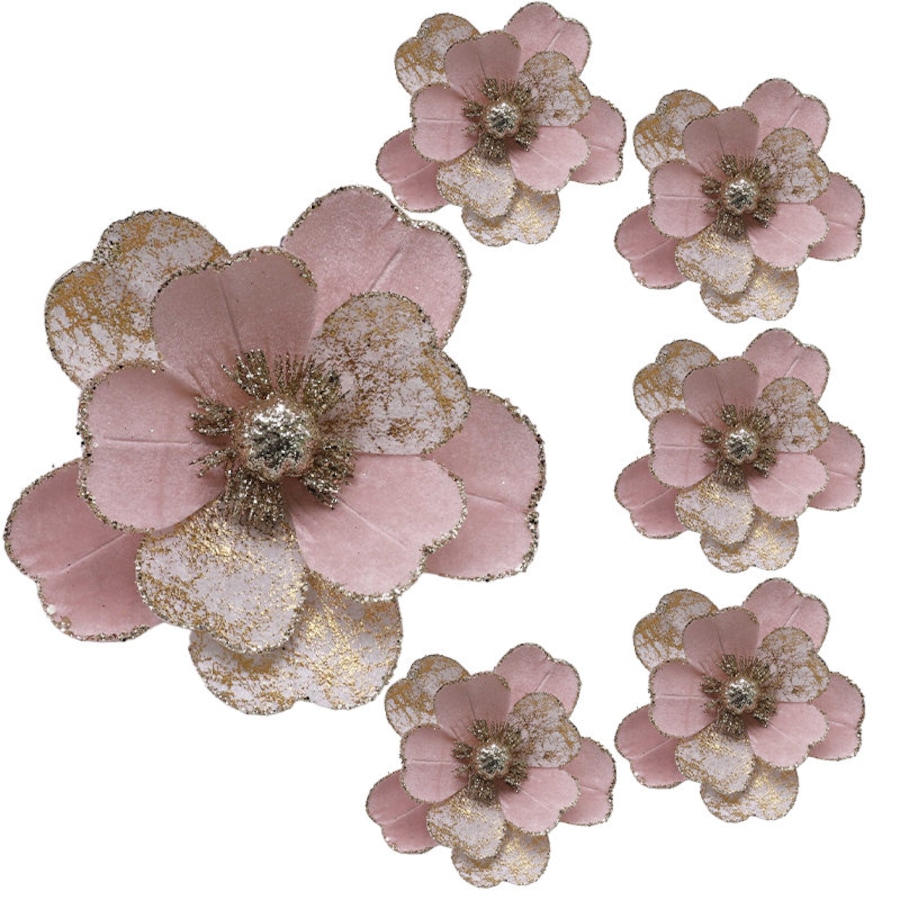 Catzon 6 Pcs Artificial Christmas Flower with Sparkling for Christmas Tree Decor-Pink