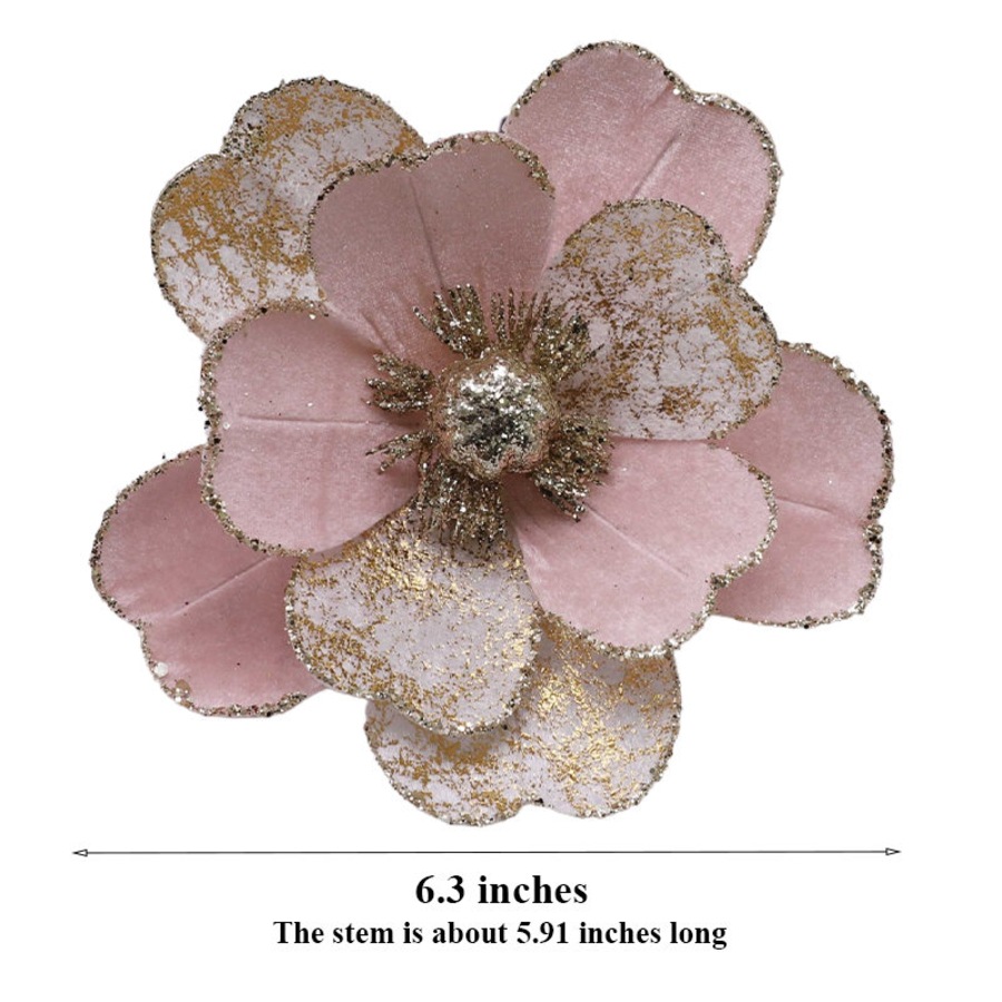 Catzon 6 Pcs Artificial Christmas Flower with Sparkling for Christmas Tree Decor-Pink