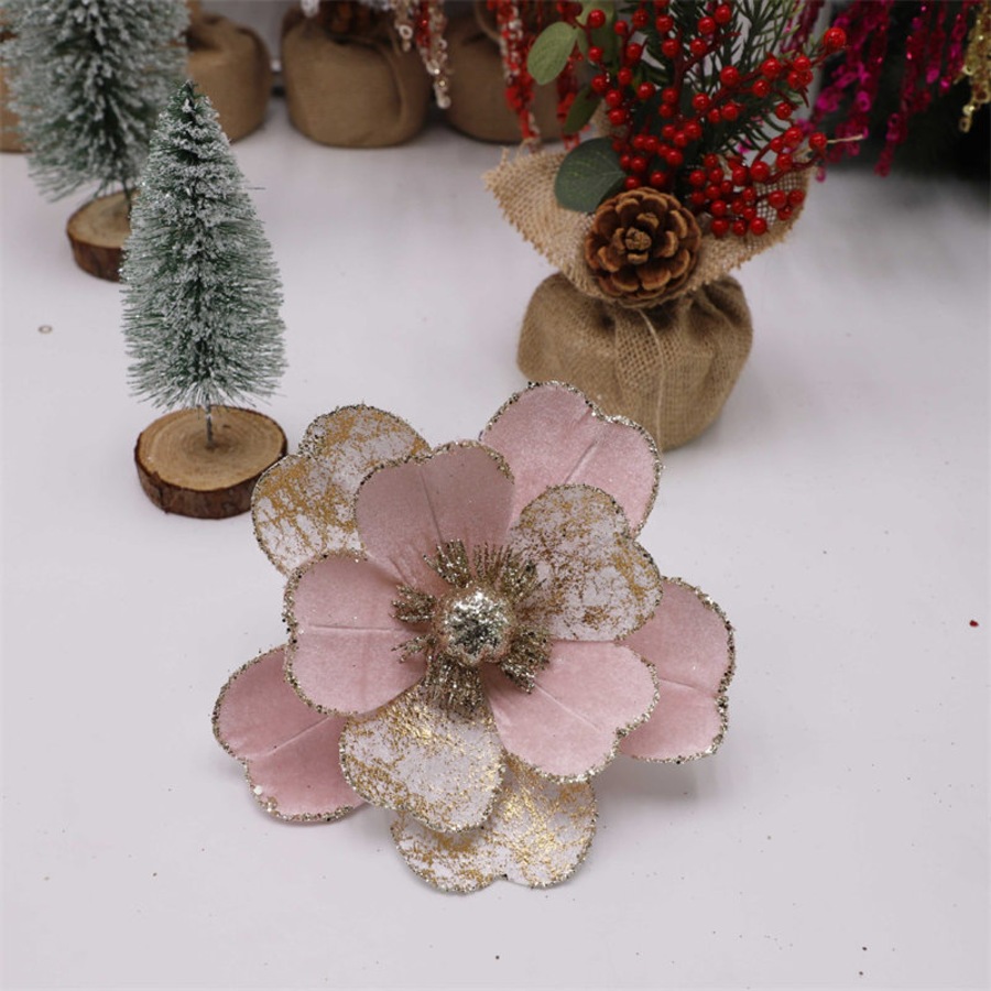 Catzon 6 Pcs Artificial Christmas Flower with Sparkling for Christmas Tree Decor-Pink