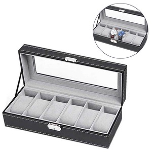Catzon 6 Slot Leather Watch Box Display Case Organizer Glass Jewelry Storage Black