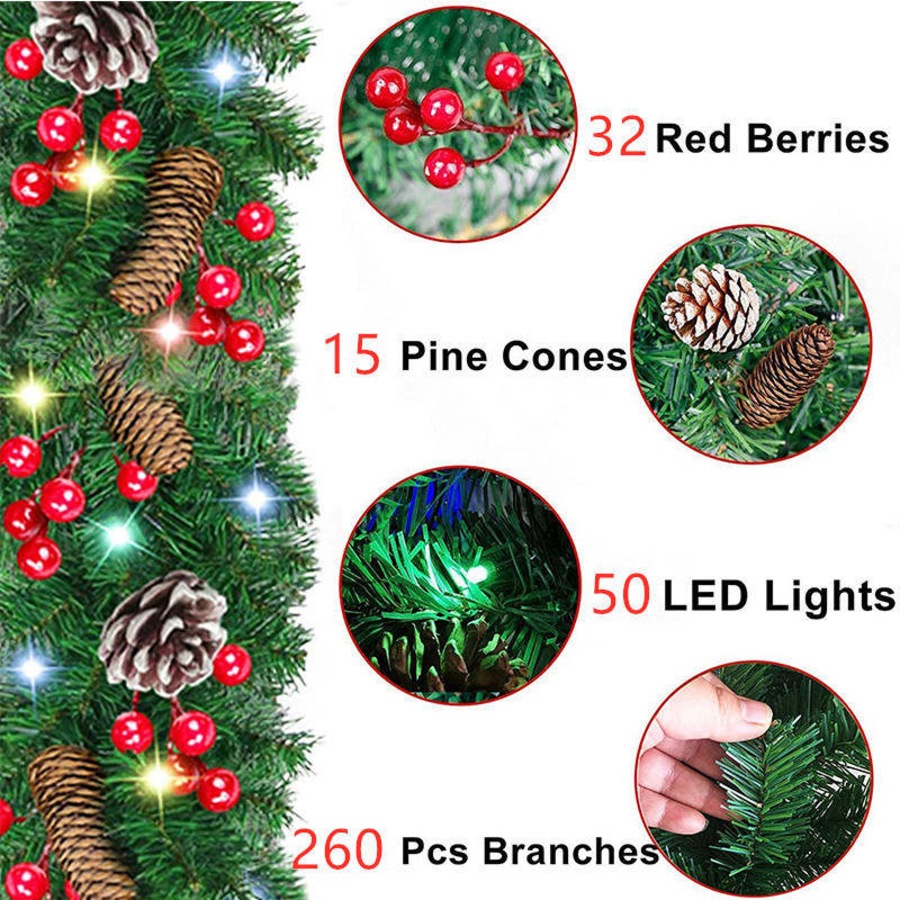 Catzon 9FT Christmas Garland with LED Lights & Berries Indoors Outdoor Xmas Party Wall Stair Decoration-Color Lights