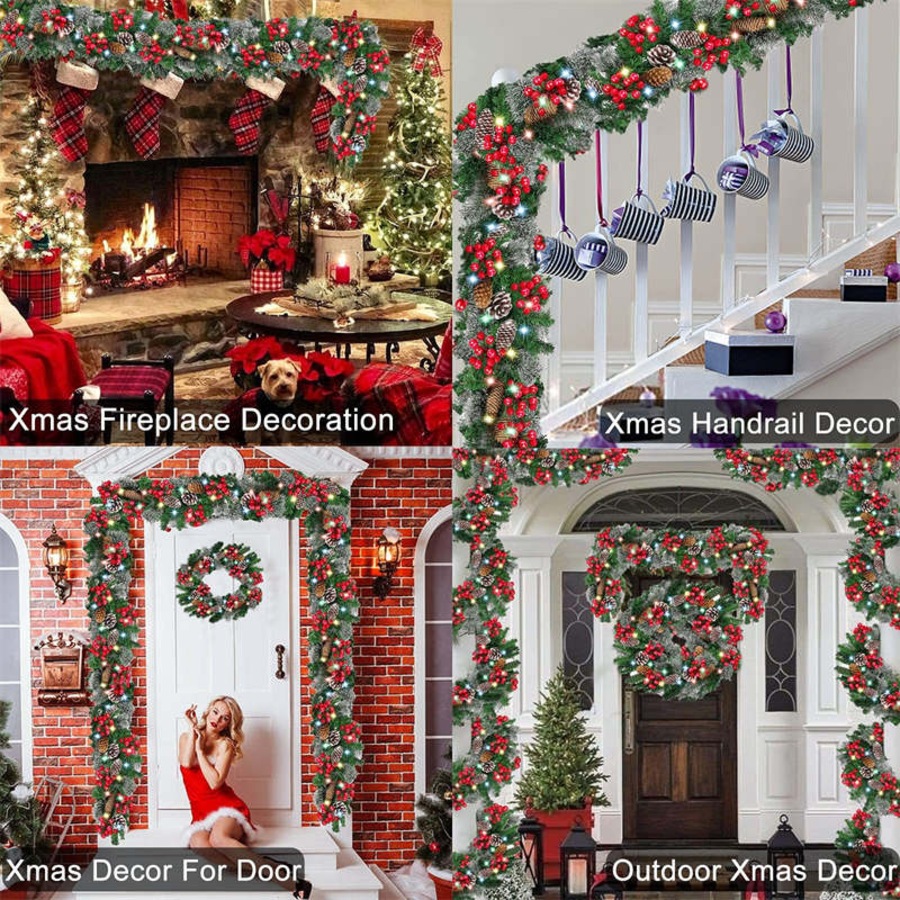 Catzon 9FT Christmas Garland with LED Lights & Berries Indoors Outdoor Xmas Party Wall Stair Decoration-Color Lights