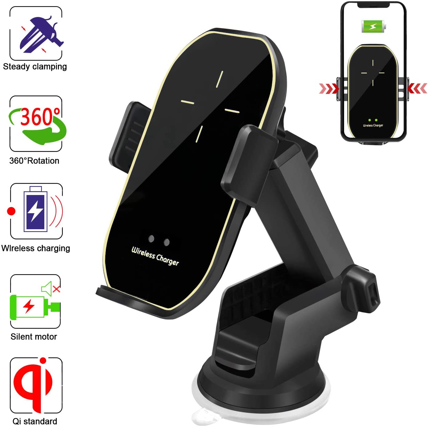 Catzon A7 Wireless Car Charger Mount Automatic Clamping IR Holder 10W Fast Charging for iPhone Samsung(gold)