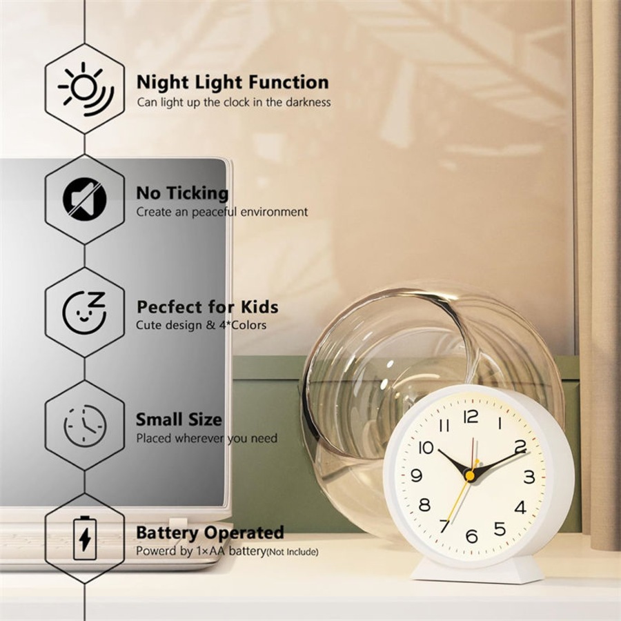 Catzon Analog Alarm Clock with Light Slient Battery Operated for Bedroom-White