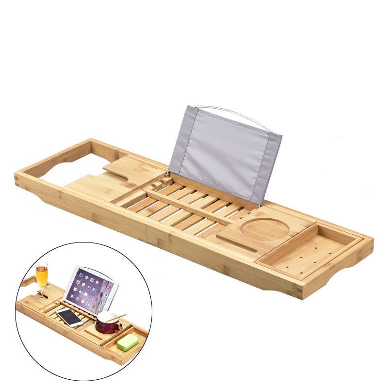 Catzon Bamboo Bathtub Tray Caddy Expandable Placed Book Smartphone and Wine Holder