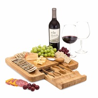 Catzon Bamboo Cheese Cutting Board & Knife Gift Set Slide Out Drawer with 4 Stainless Steel Knives