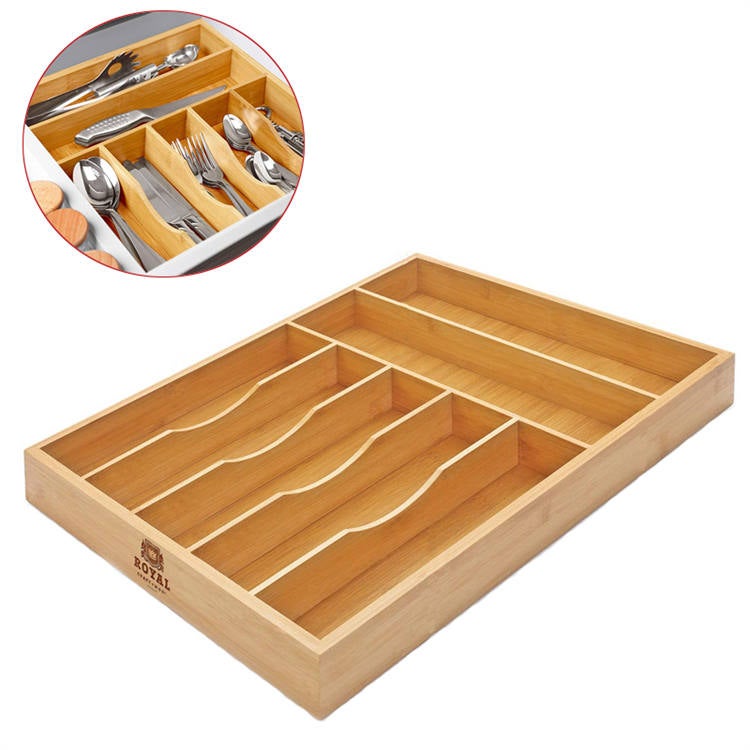 Catzon Bamboo Kitchen Drawer Organizer Tray For Silverware And Kitchen Utensils