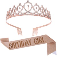 Catzon Birthday Girl Sash & Rhinestone Tiara Kit Birthday Gifts Glitter Birthday Sash Birthday Party Favors -Rosegold