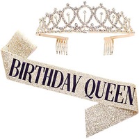 Catzon Birthday Girl Sash & Rhinestone Tiara Kit Birthday Gifts Glitter Birthday Sash Birthday Party Favors -Gold