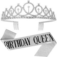 Catzon Birthday Girl Sash & Rhinestone Tiara Kit Birthday Gifts Glitter Birthday Sash Birthday Party Favors -Silver