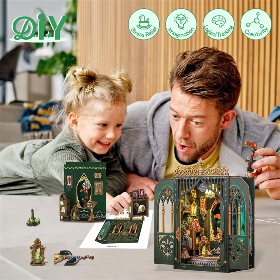 Catzon Book Nook Kit 3D Wooden Puzzle Dollhouse Set with LED Light for Birthday Gift-MF02