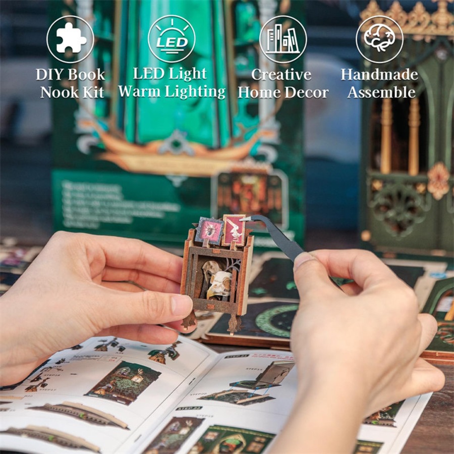 Catzon Book Nook Kit 3D Wooden Puzzle Dollhouse Set with LED Light for Birthday Gift-MF02