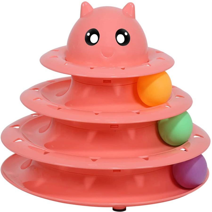Catzon Cat Toy Roller 3 Level Turntable with Six Colorful Balls Interactive Puzzle Kitten Toys Pink