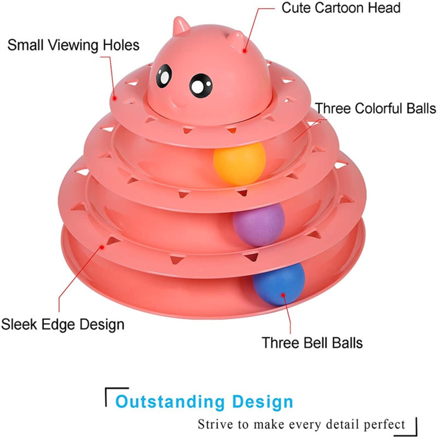 Catzon Cat Toy Roller 3 Level Turntable with Six Colorful Balls Interactive Puzzle Kitten Toys Pink