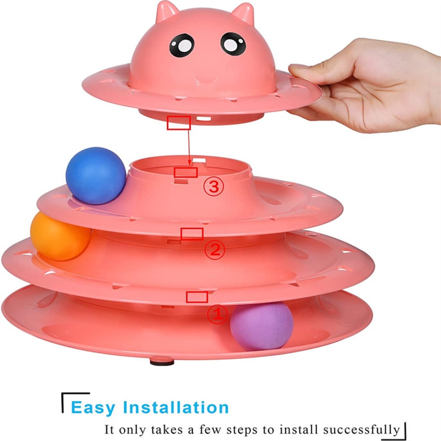 Catzon Cat Toy Roller 3 Level Turntable with Six Colorful Balls Interactive Puzzle Kitten Toys Pink