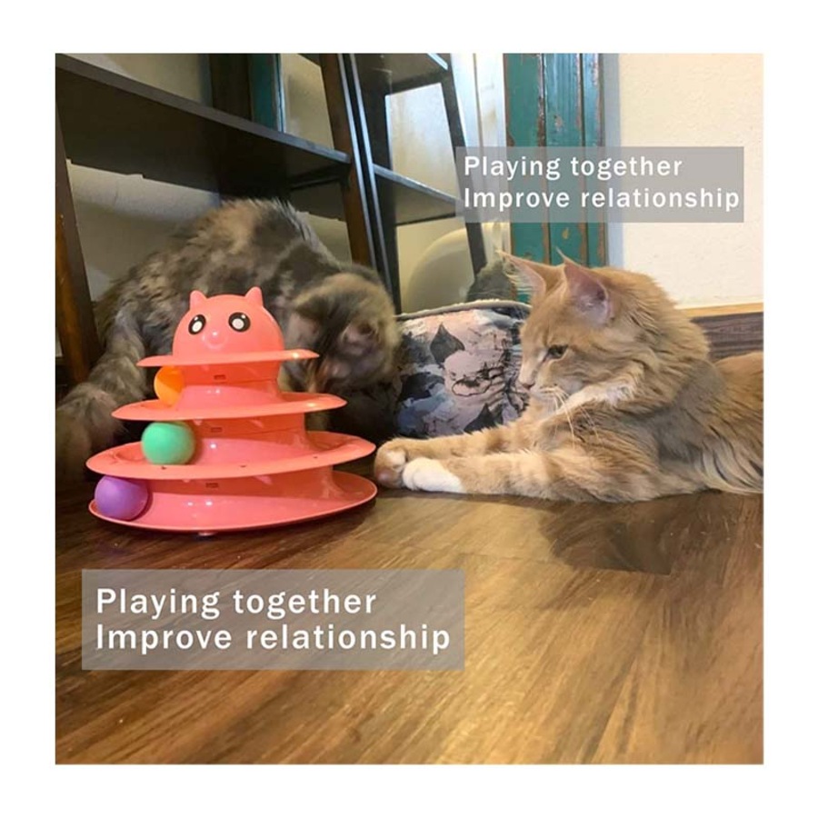 Catzon Cat Toy Roller 3 Level Turntable with Six Colorful Balls Interactive Puzzle Kitten Toys Pink
