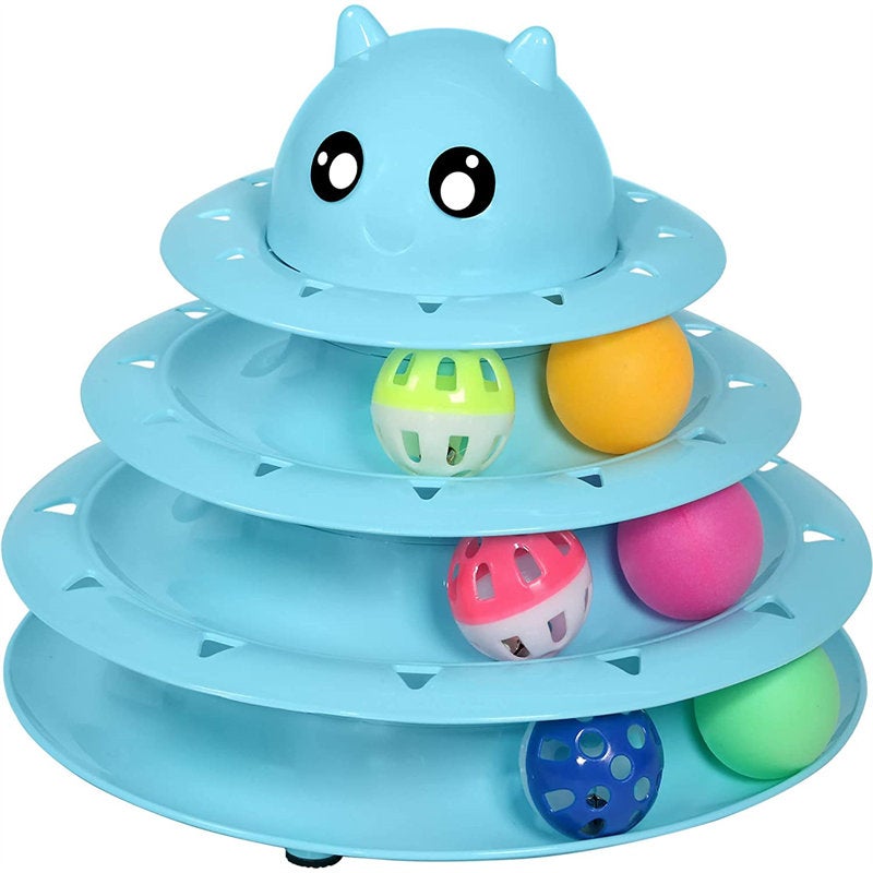Catzon Cat Toy Roller 3-Level Turntable with Six Colorful Balls Interactive Puzzle Kitten Toys-Blue