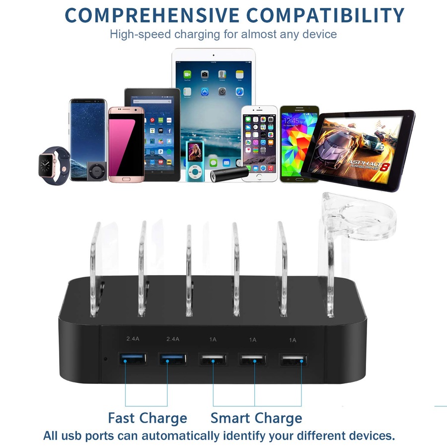 Catzon Charging Station 5 Port Cell Phone USB Hub Charger Quick Charge Multi Port Electronic Device Desktop