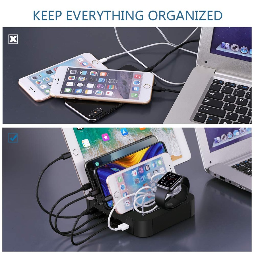 Catzon Charging Station 5 Port Cell Phone USB Hub Charger Quick Charge Multi Port Electronic Device Desktop