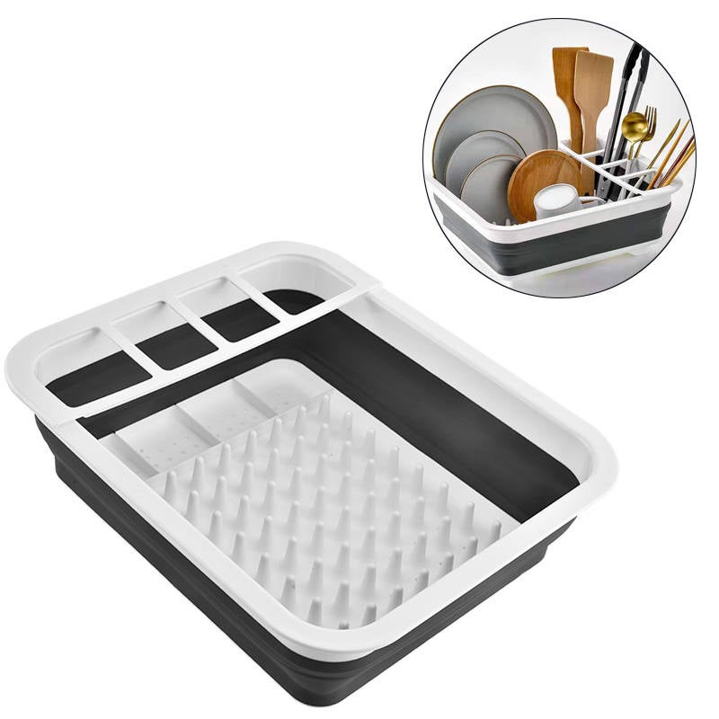 Catzon Collapsible Dish Drainer with Drainer Board Space Saving Kitchen Storage Tray -Gray