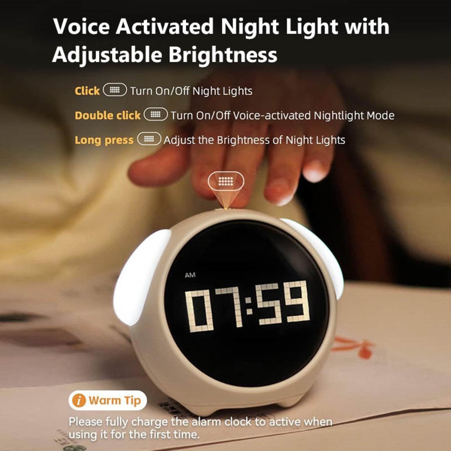 Catzon Cute Alarm Clock with Voice-Activated Night Light Wake Up Gift for Kids-White
