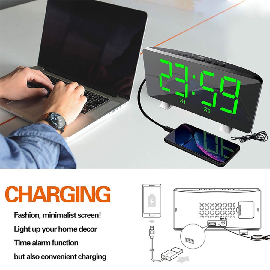 Catzon Digital Alarm Clock Curved-Screen with Dimmer 2 Alarm Setting for Bedroom-Green