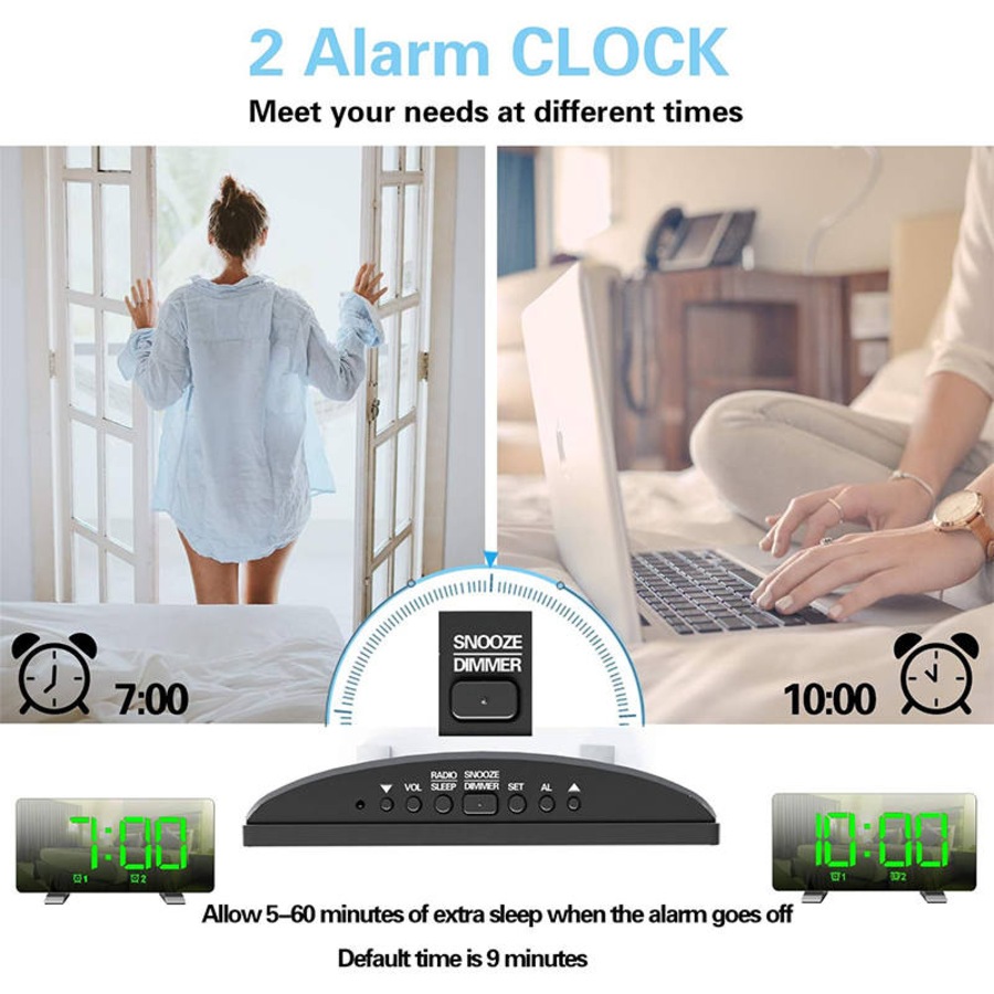 Catzon Digital Alarm Clock Curved-Screen with Dimmer 2 Alarm Setting for Bedroom-Green