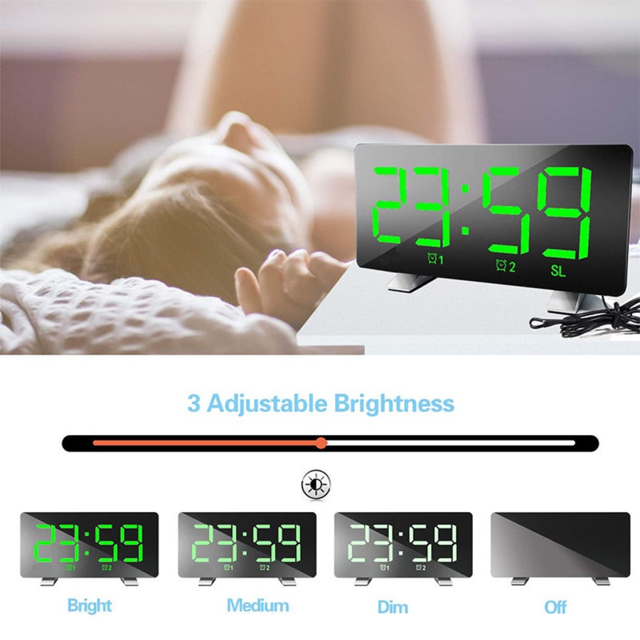Catzon Digital Alarm Clock Curved-Screen with Dimmer 2 Alarm Setting for Bedroom-Green