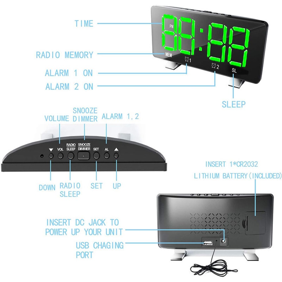 Catzon Digital Alarm Clock Curved-Screen with Dimmer 2 Alarm Setting for Bedroom-Green