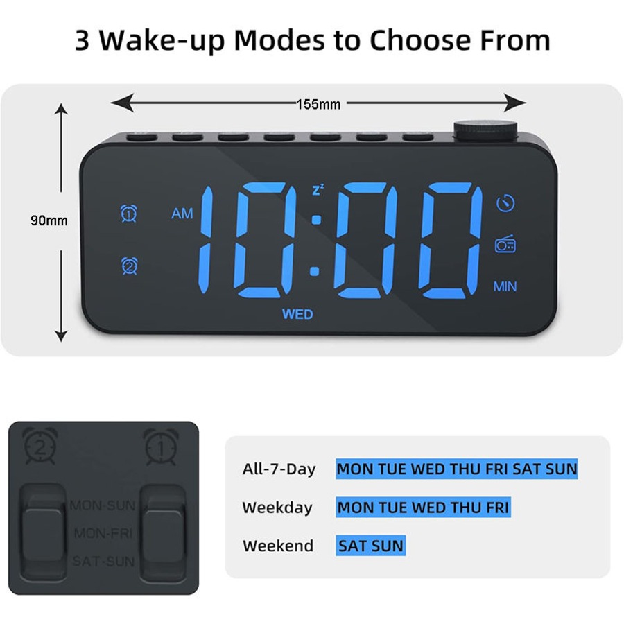 Catzon Digital Alarm Clock with FM Radio 8-Color Font Dimmer for Heavy Sleepers
