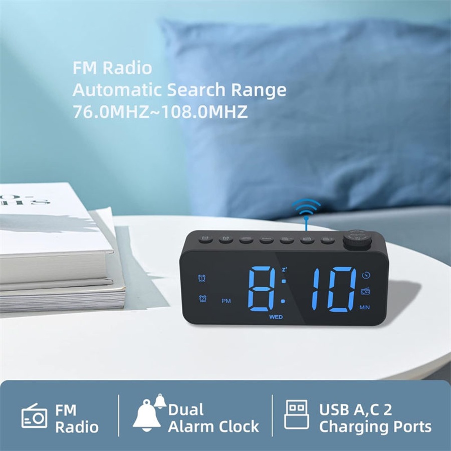 Catzon Digital Alarm Clock with FM Radio 8-Color Font Dimmer for Heavy Sleepers