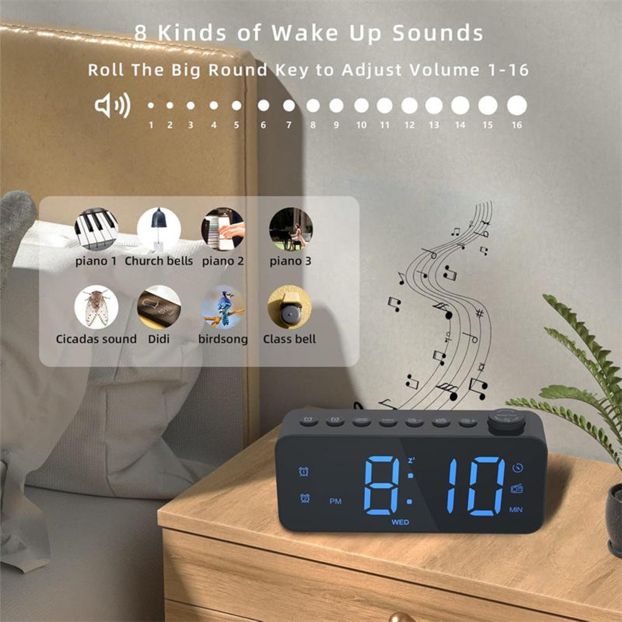 Catzon Digital Alarm Clock with FM Radio 8-Color Font Dimmer for Heavy Sleepers