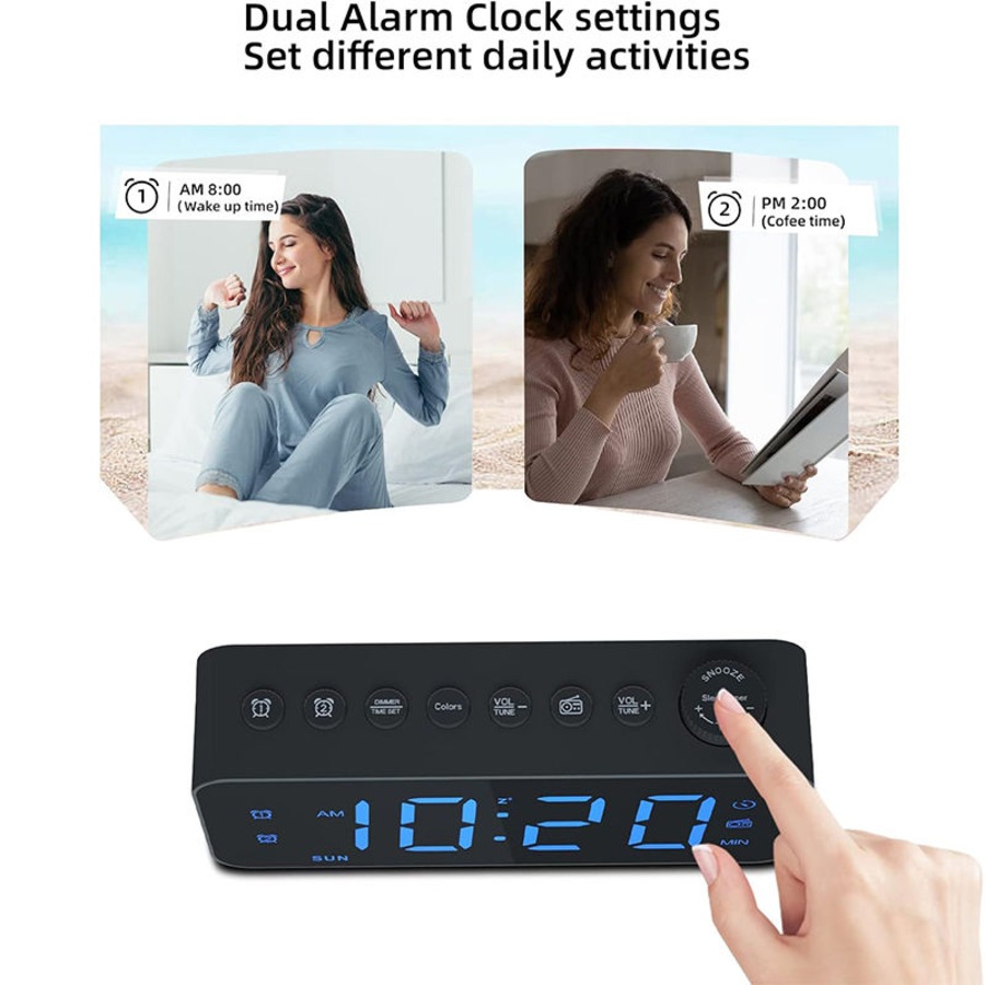 Catzon Digital Alarm Clock with FM Radio 8-Color Font Dimmer for Heavy Sleepers