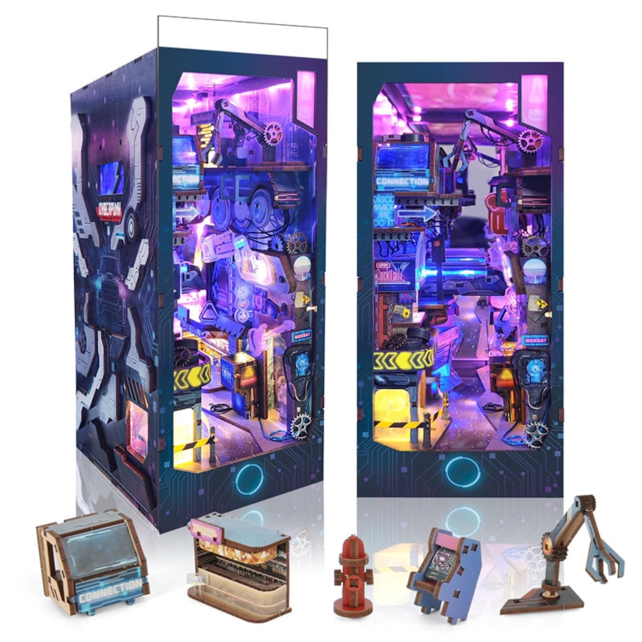 Catzon DIY Book Nook Kit Cyberpunk Dust-proof Tiny House Model with Cool Light for Easter Halloween