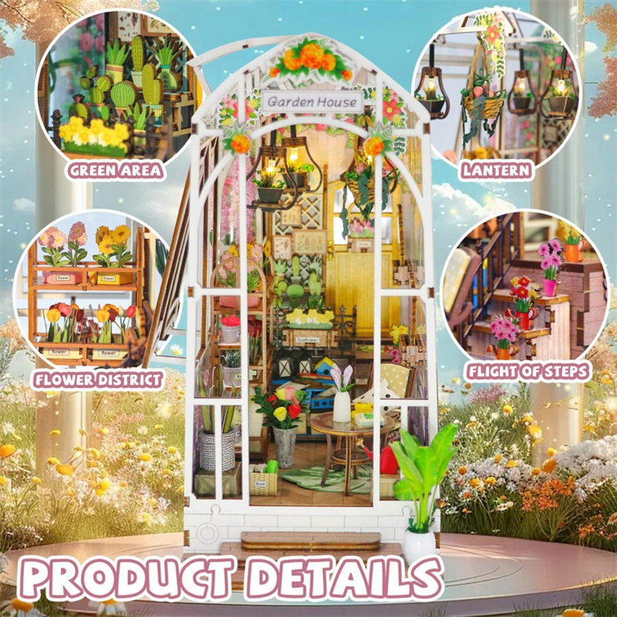 Catzon DIY Book Nook Miniature Kit Bookshelf Decor Garden House with LED Light