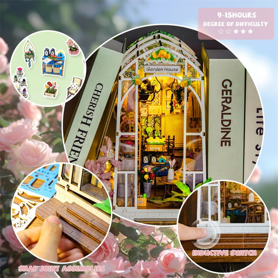 Catzon DIY Book Nook Miniature Kit Bookshelf Decor Garden House with LED Light