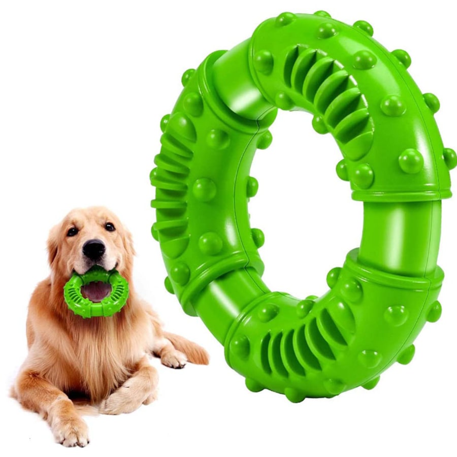 Catzon Dog Chew Toys Circle Non-Toxic Natural Rubber Durable Puppy Molar Toy-Green