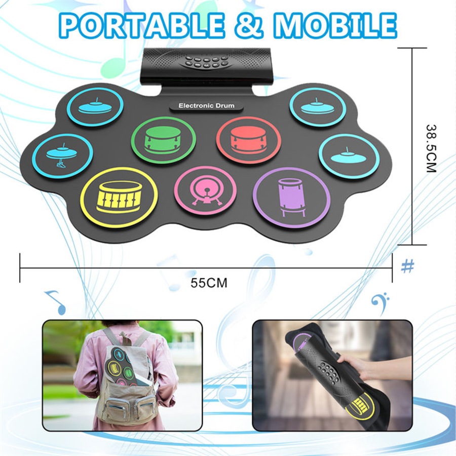 Catzon Electronic Drum Set 9 Practice Drum Pads Roll-up Portable Digital Midi Practice Pad for Beginners