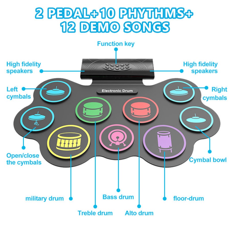 Catzon Electronic Drum Set 9 Practice Drum Pads Roll-up Portable Digital Midi Practice Pad for Beginners