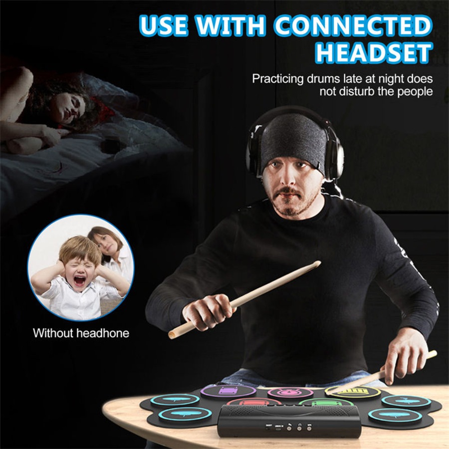 Catzon Electronic Drum Set 9 Practice Drum Pads Roll-up Portable Digital Midi Practice Pad for Beginners