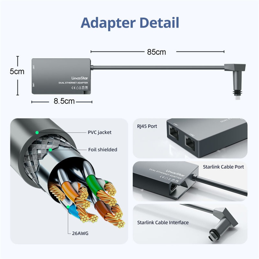 Catzon Ethernet Adapter for V2 Starlink Rectangular Dish and Mesh WiFi Router